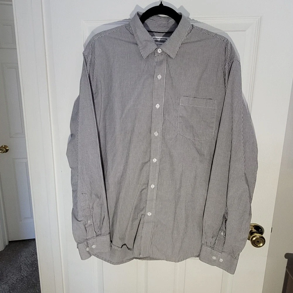 Amazon Essentials Button Down Shirt Mens XL Grey Gingham Regular Fit Cotton LS